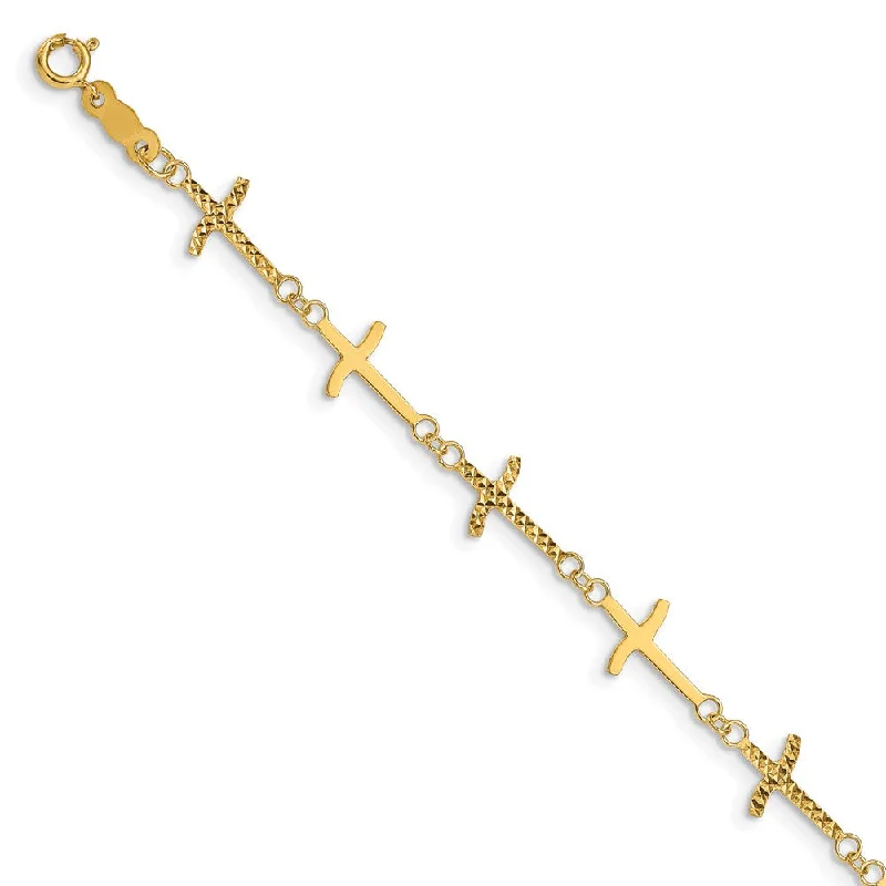 Women’s stretchable bracelets-14k Polished Diamond-cut Crosses w/1in. Ext. Bracelet-WBC-FB1498-7