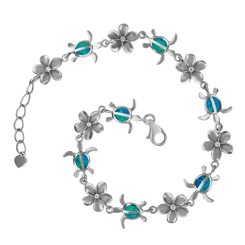 Women’s chain bracelets-Sterling Silver Synthetic Blue Opal Turtle and Plumeria Bracelet, 7.5+0.75" Extender