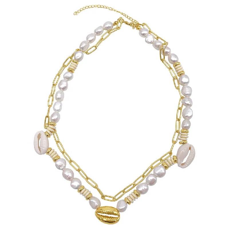 Women’s chunky necklaces-14k Gold Plated Pearl and Shell with Paper Clip Chain Double Necklace