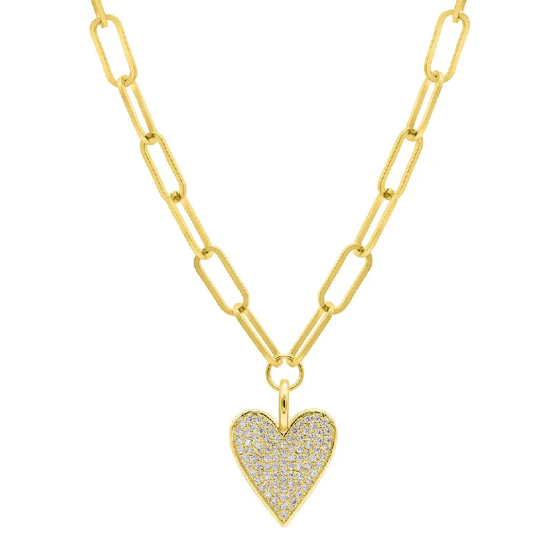 Women’s simple necklaces-14k Gold Plated Adjustable Chunky Paperclip Link Pave Heart Necklace