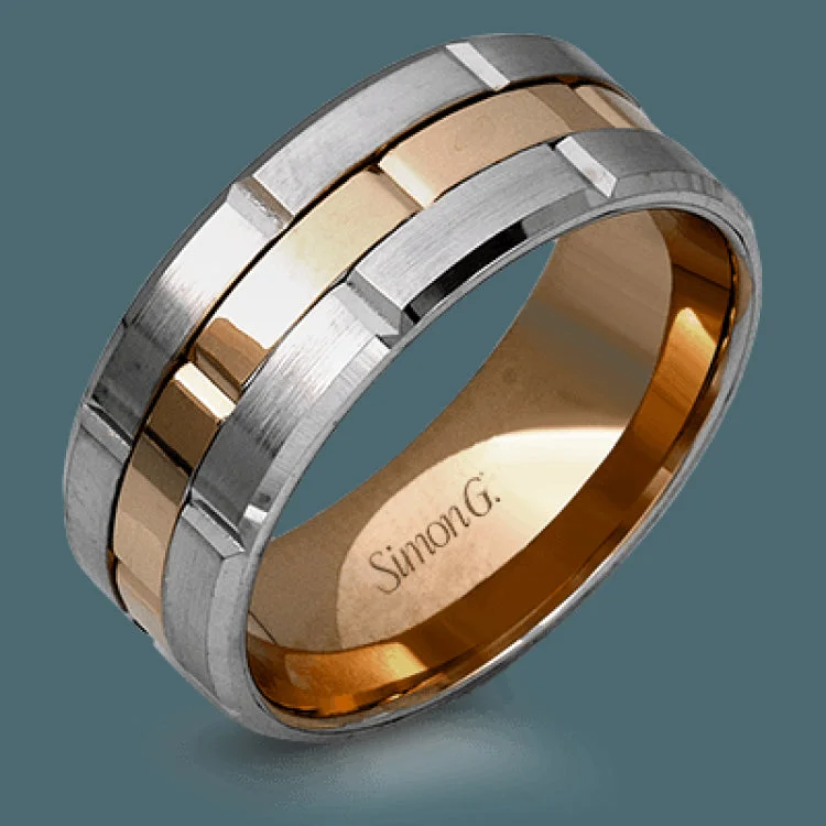 This brilliant two-tone men's wedding band features a center column of sleek yellow gold surrounded by two white gold silhouettes.