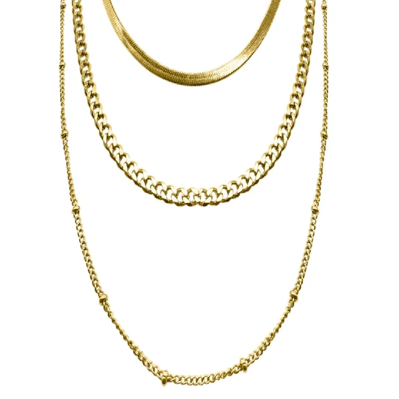 Women’s beaded necklaces-Tarnish Resistant 14k Gold Plated Triple Layered Chain Necklace