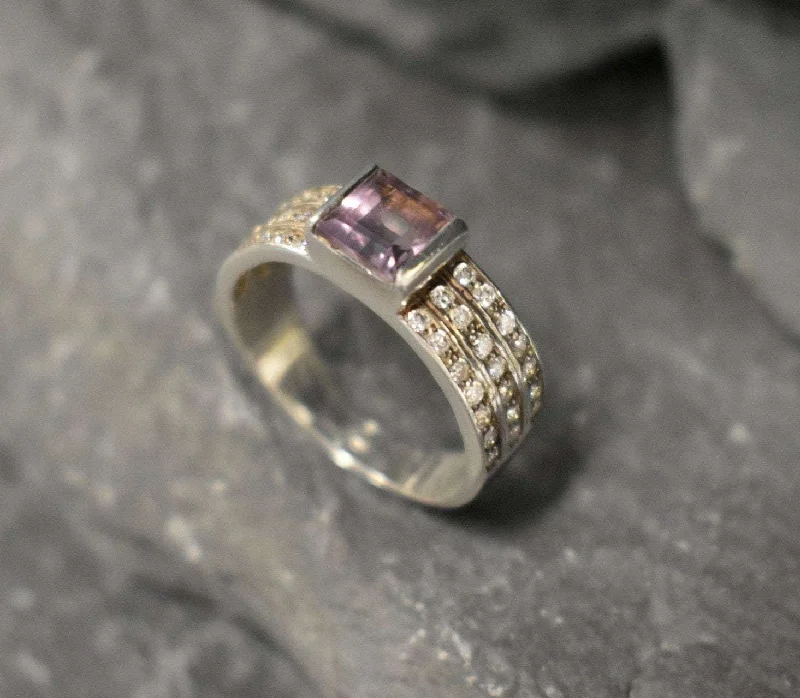 Wide Amethyst Ring - Purple Square Ring - Triple Diamond Band