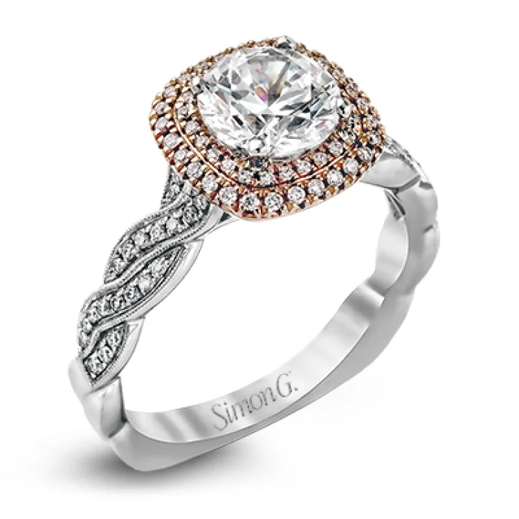 The distinctive twisted design on the band of this contemporary white and rose gold engagement ring is complemented by a gorgeous geometric setting featuring .25 ctw of round cut white diamonds.