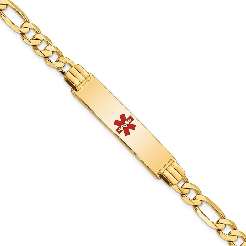 Women’s gemstone-studded bracelets-14k Yellow Gold 10.5mm Medical Red Enamel Flat Figaro Link ID Bracelet, 7"