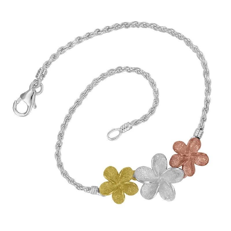 Women’s pearl and gold bracelets-Sterling Silver with 14kt Yellow and Rose Gold Plated Three Plumeria Rope Bracelet