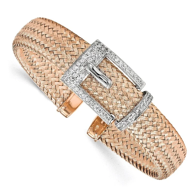 Women’s personalized bangles-925 Sterling Silver Rose Gold-plated 12.5mm Cubic Zirconia Woven Cuff Bangle Bracelet, 6.75"