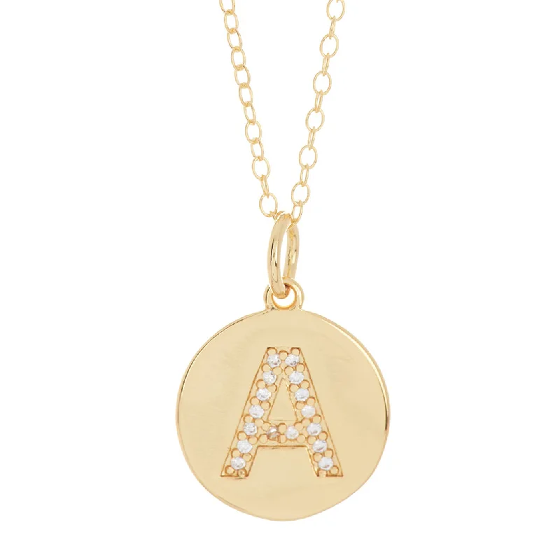 Women’s chunky necklaces-Tarnish Resistant 14k Gold Plated Initial Pave Disc Necklace