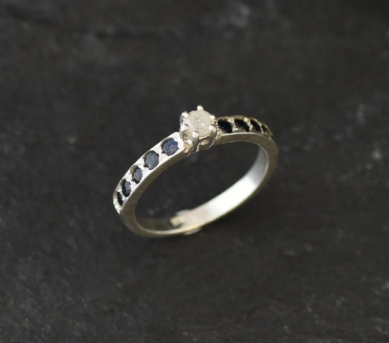 Natural Diamond Ring - Sapphire Silver Band - Diamond Solitaire Ring