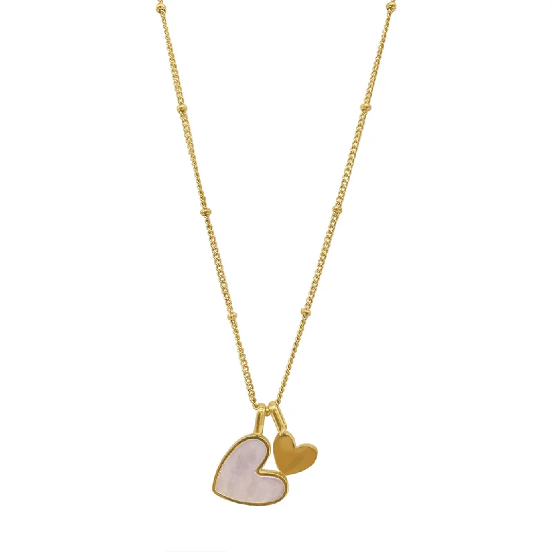 Women’s textured gold necklaces-Tarnish Resistant 14k Gold Plated Mother of Pearl Heart Charms Necklace