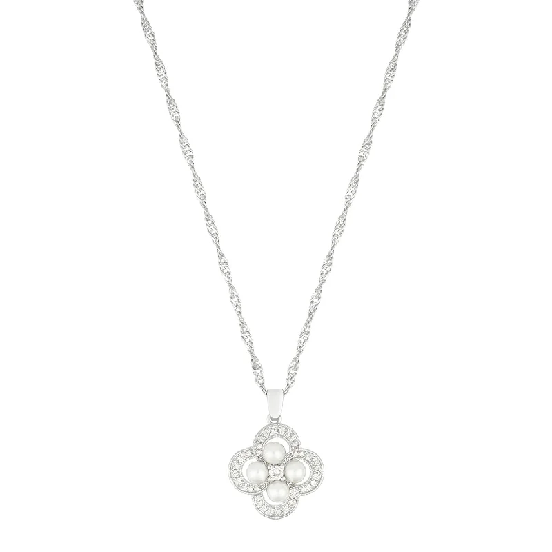 Women’s pearl drop necklaces-Silver Plated Pearl-Studded Clover Necklace