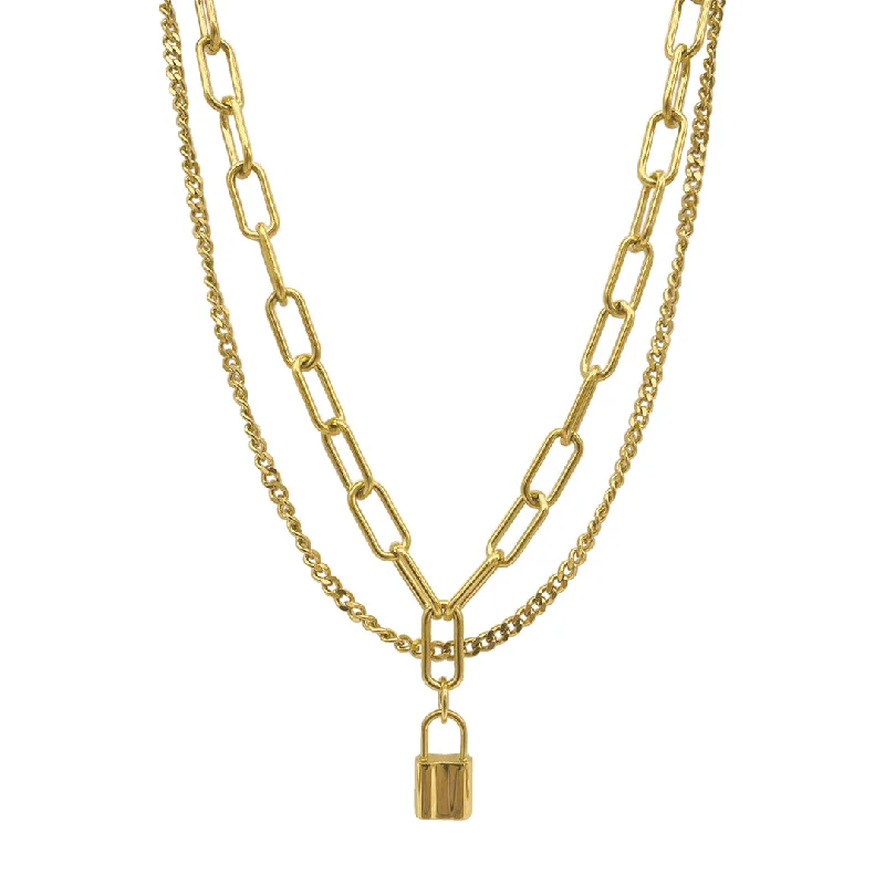 Women’s emerald necklaces-Tarnish Resistant 14k Gold Plated Layered Curb and Paper Clip Chain Lock Necklace