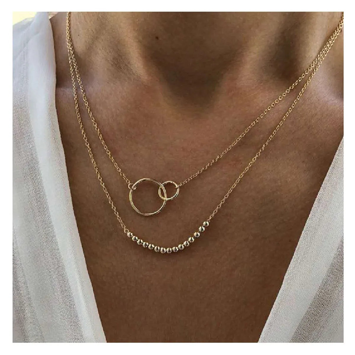 Women’s gemstone chain necklaces-Retro Exaggerated Golden Round Bead Chain Ring Pendant Fashion Multi-layer Necklace Wholesale