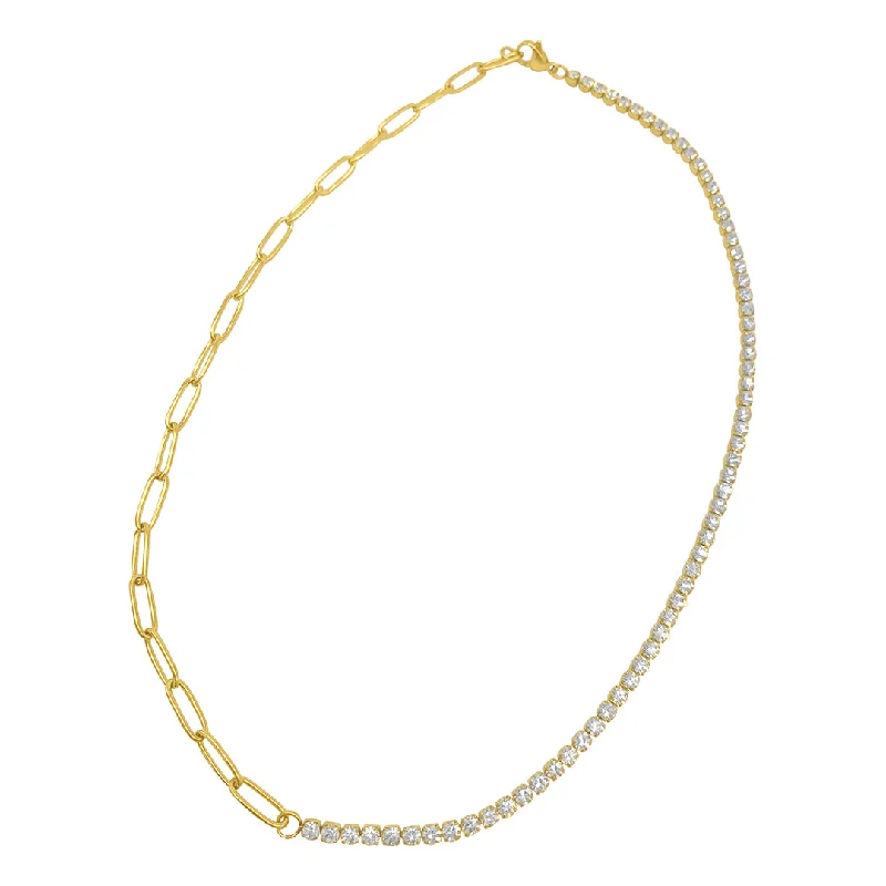 Women’s vintage charm necklaces-Tarnish Resistant 14k Gold Plated Half Tennis Necklace and Paper Clip Chain