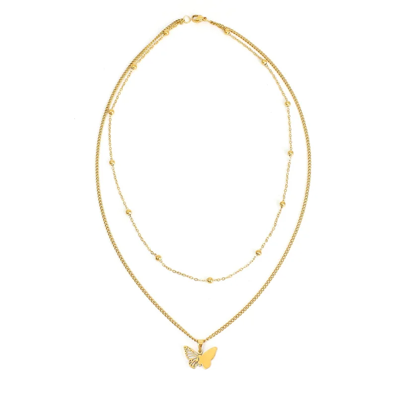 45cm Gold Butterfly Golden Balls Stainless Steel Double-Layer Necklace