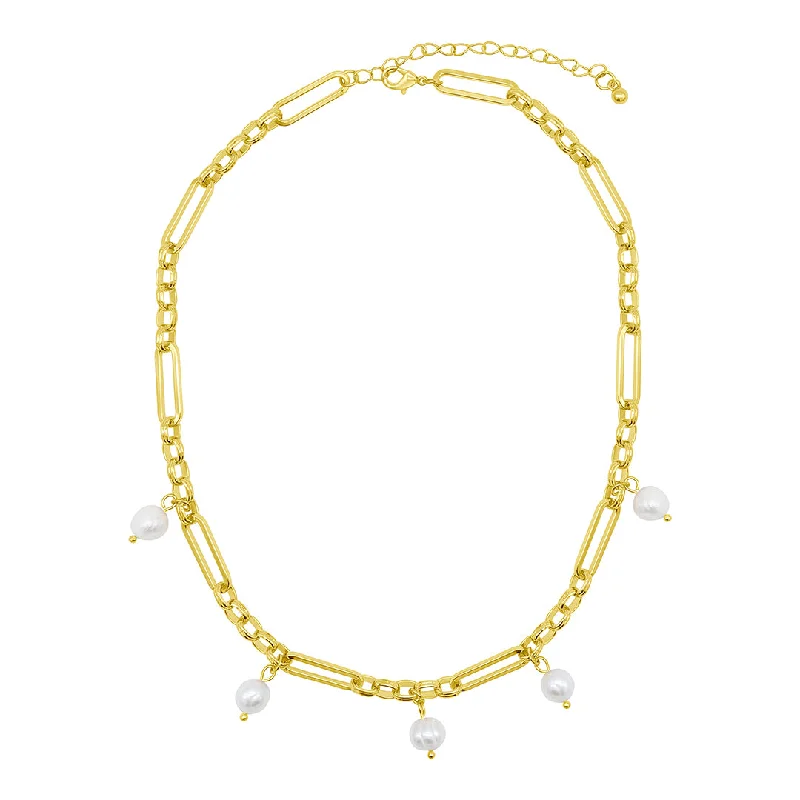 Women’s moonstone necklaces-14k Gold Plated Adjustable Freshwater Pearl Mixed Link Chain Necklace