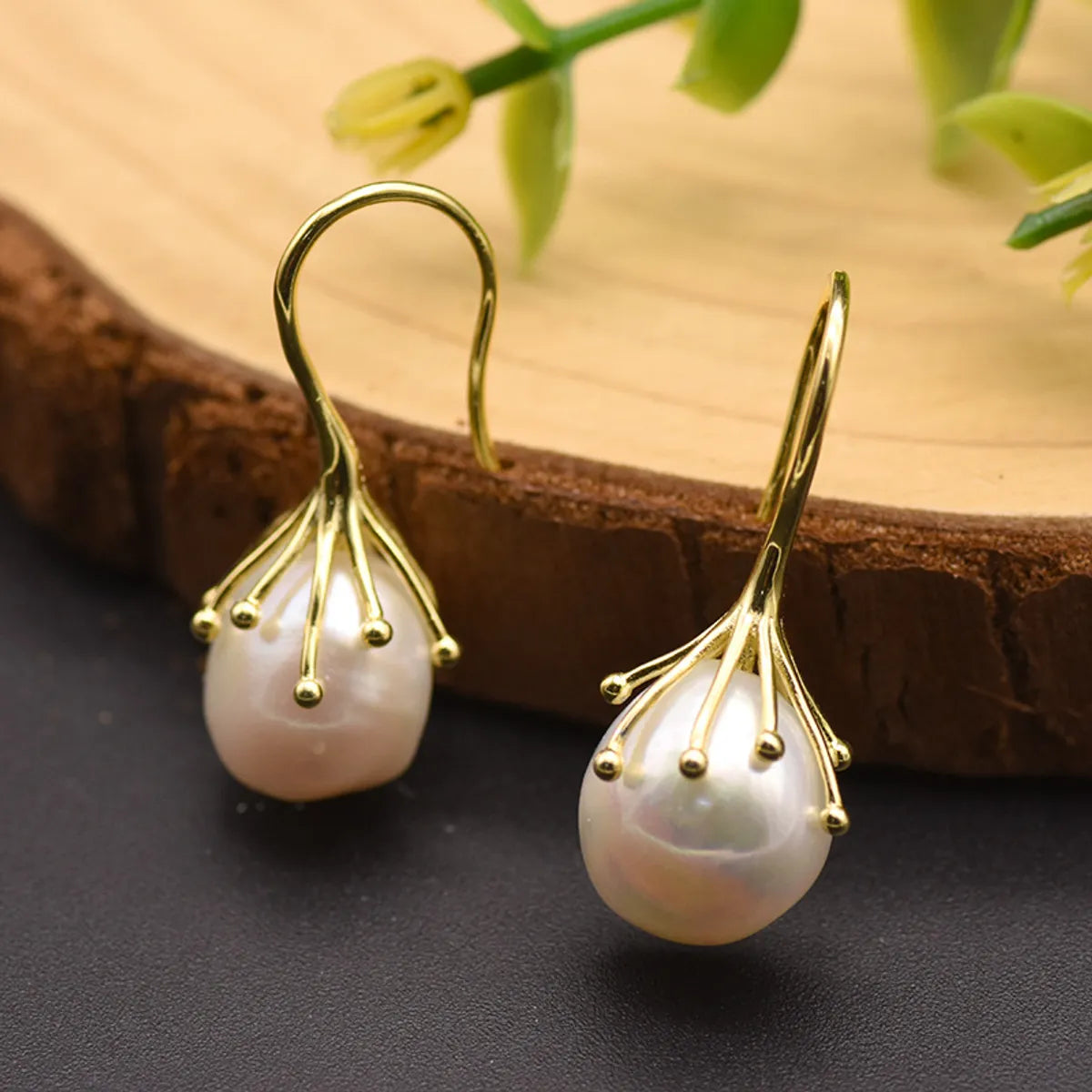 Gold Ear Hook White Pearl-Sterling Silver