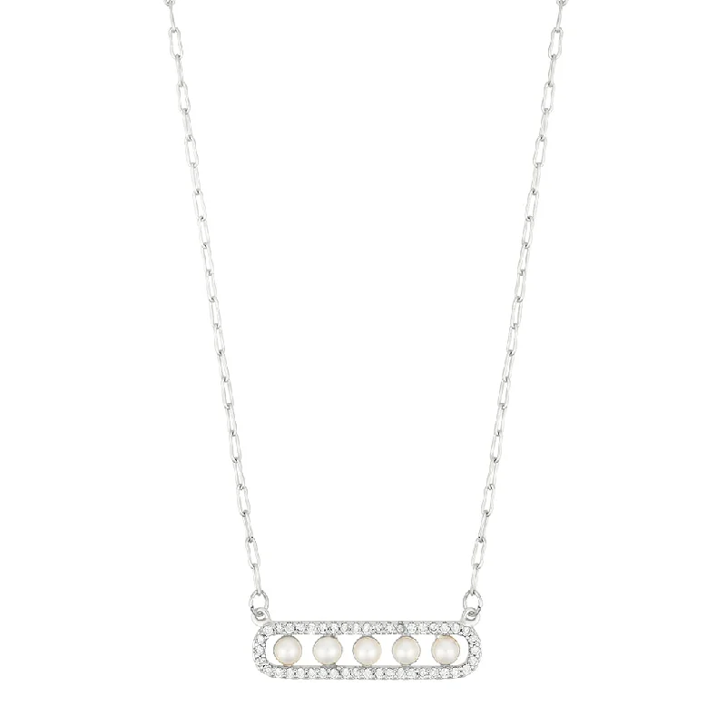 Women’s simple diamond necklaces-Pearl Pave Bar Necklace