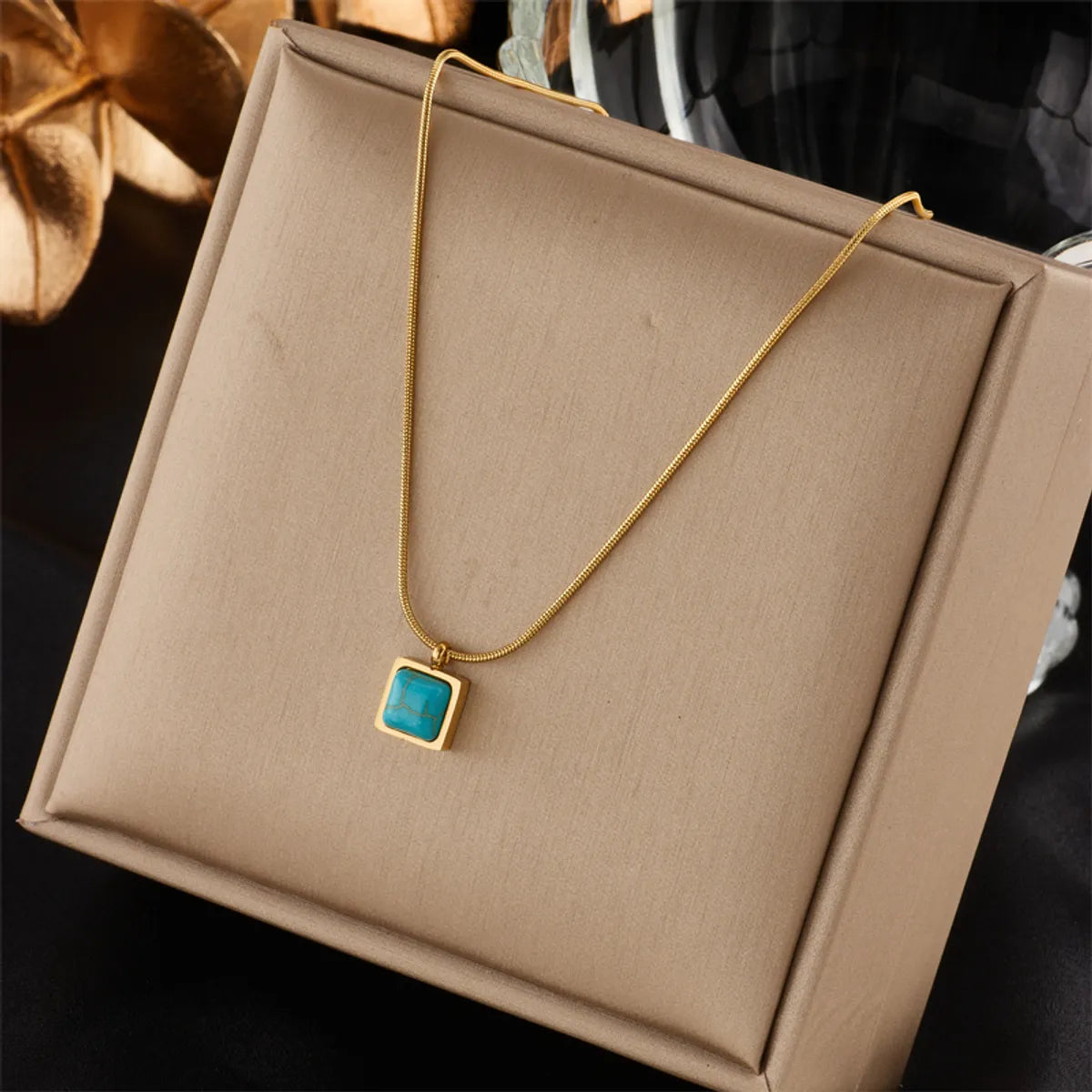 Women’s multi-strand necklaces-Retro Square Titanium Steel Inlay Turquoise Pendant Necklace 1 Piece