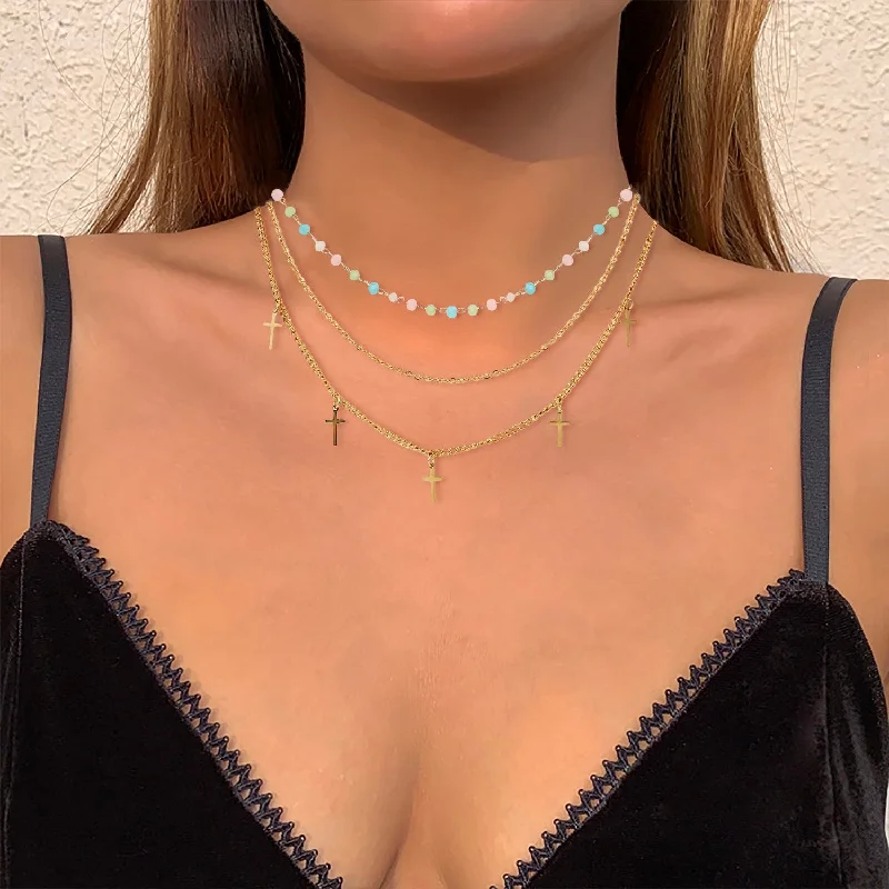 Women’s flower-shaped necklaces-Fashion Colored Bead Titanium Steel Chain Cross Tassel Pendant Three-layer 18k Gold-plated Stainless Steel Necklace