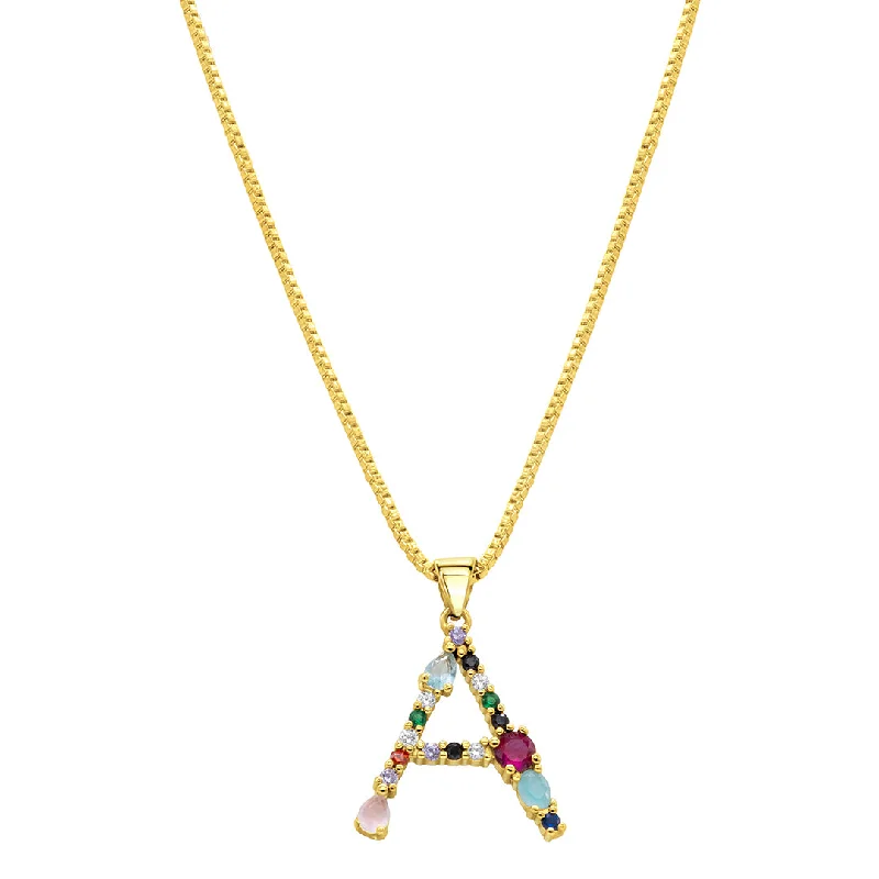 Women’s designer necklaces-14k Gold Plated Multi Color Stone Initial Necklace