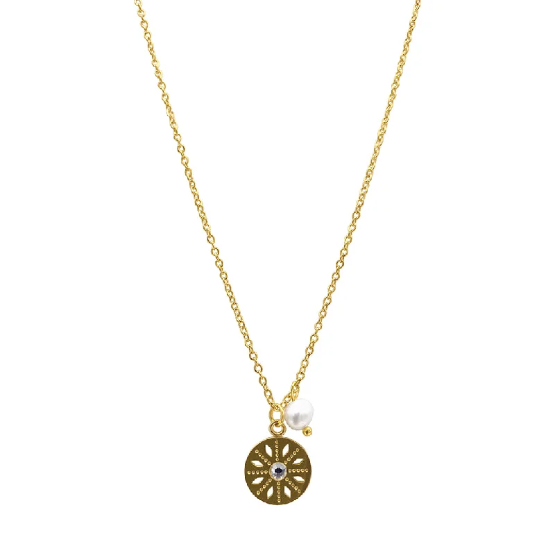 Women’s elegant gold necklaces-Tarnish Resistant 14k Gold Plated Flower Dial Pendant with Pearl Necklace