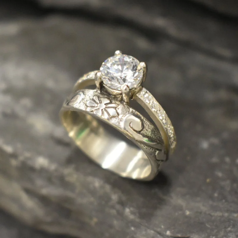 Wide Diamond Ring - Double Band Ring - Sparkly Engraved Ring