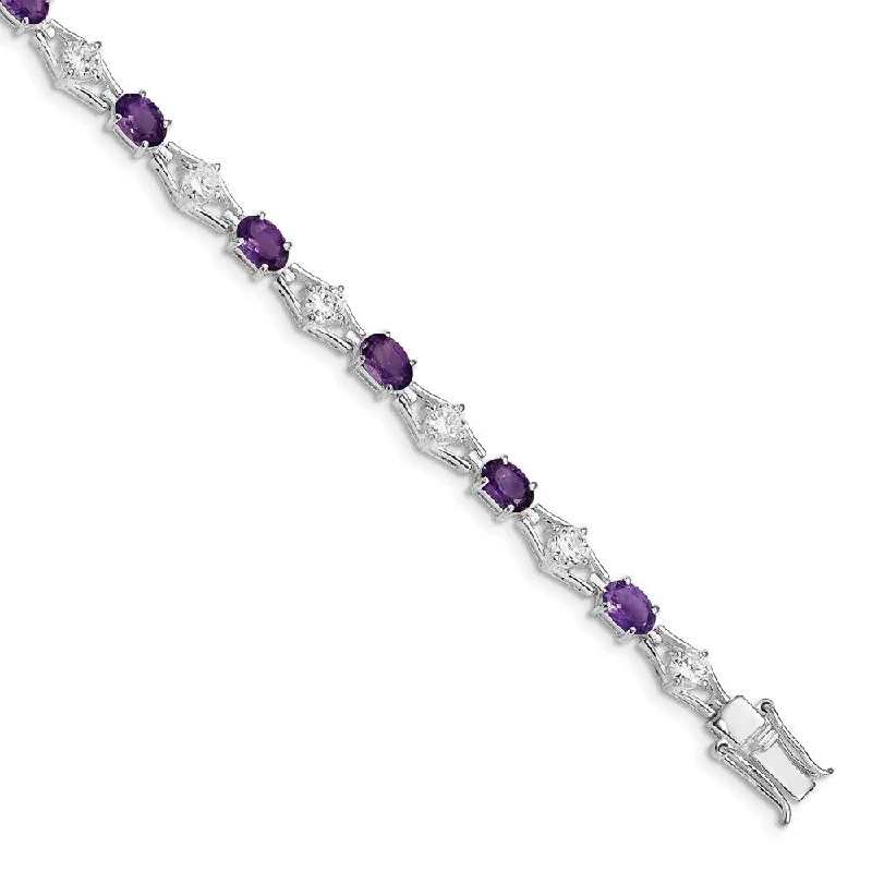 Women’s leather bracelets-925 Sterling Silver Rhodium-plated Amethyst & Cubic Zirconia Bracelet, 7"