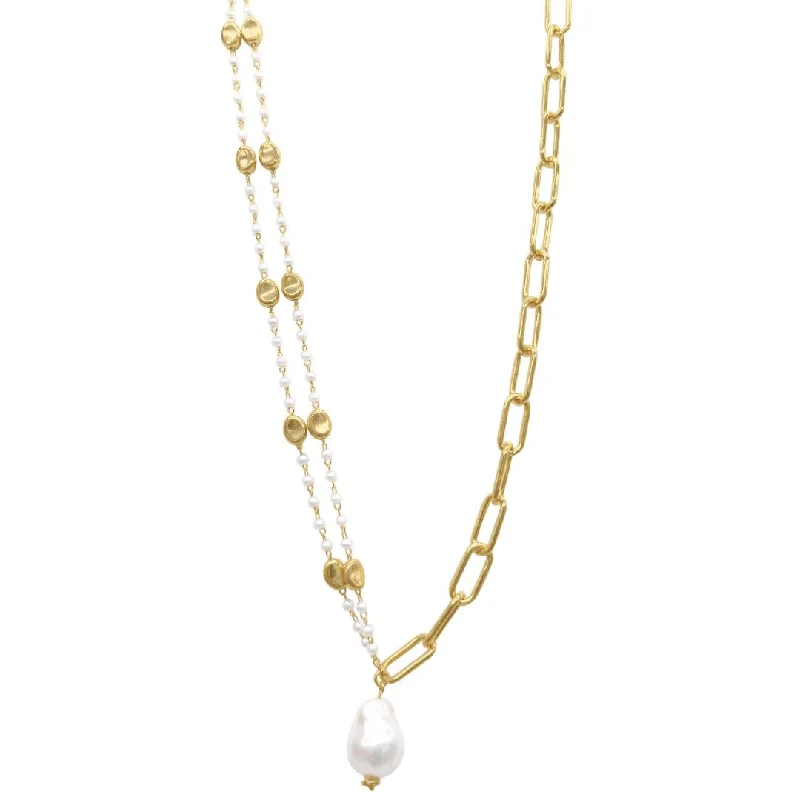 Women’s silver necklaces-14k Gold Plated Mixed Rosary and Paper Clip Chain Necklace with Freshwater Pearl Drop