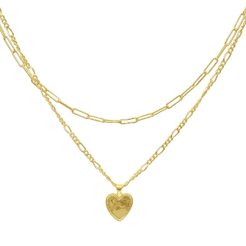 Women’s diamond pendant necklaces-14k Gold Plated Paper Clip and Figaro Heart Chain Set