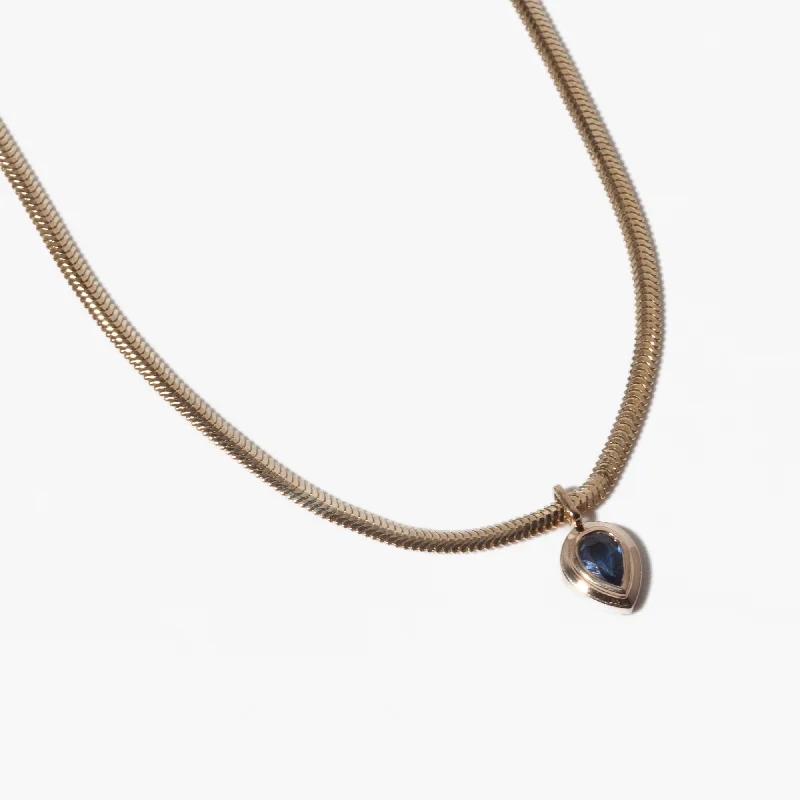 Women’s gemstone choker necklaces-Pear Blue Sapphire Bezel Pendant Snake Chain Necklace