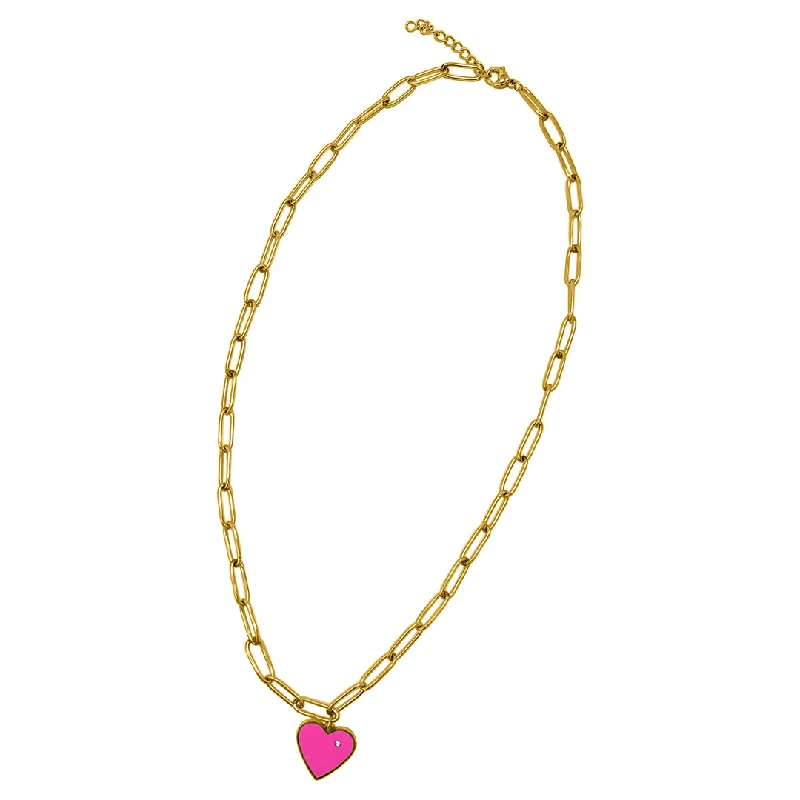 Women’s infinity pendant necklaces-Tarnish Resistant 14k Gold Plated Heart Paper Clip Chain Necklace pink