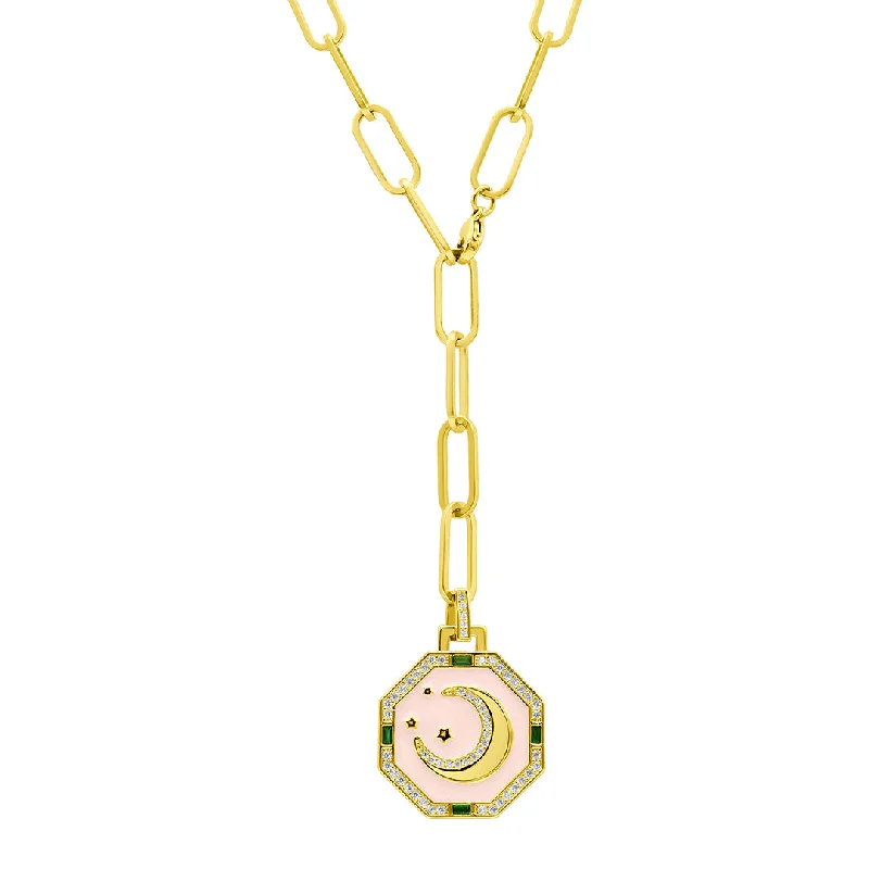 Women’s colored gemstone necklaces-14k Gold Plated Adjustable Paperclip Moon Tablet Octagon Necklace