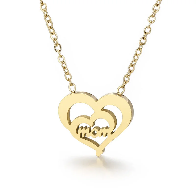 Women’s custom nameplate necklaces-Titanium Steel Gold Double Heart Shaped Letter Mom Pendant Necklace