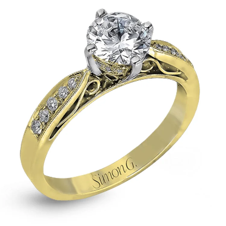 This distinctive wedding set features vintage style details and .34 ctw of white diamonds.