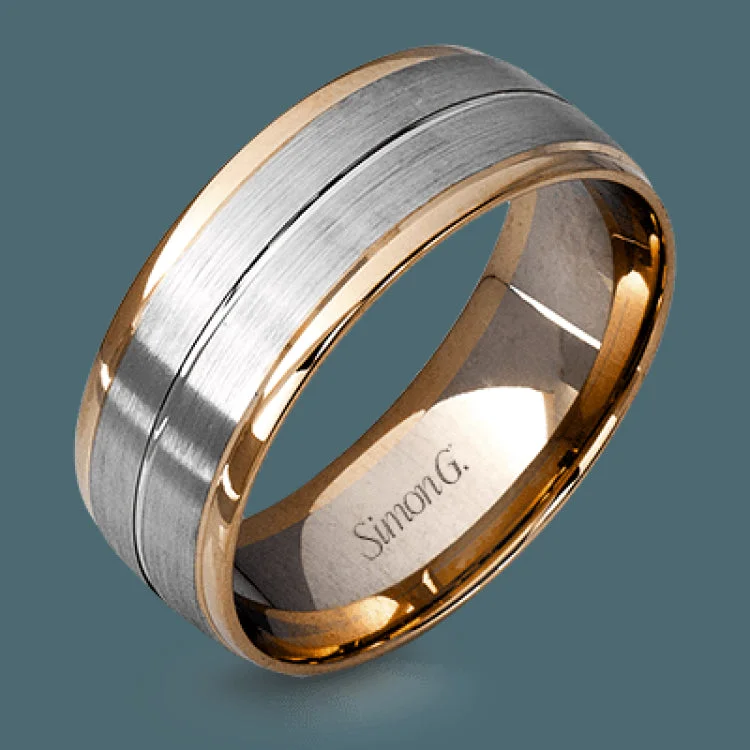 This memorable two-tone men's wedding band features double columns of matte white gold outlined with a sleek outline of yellow gold.