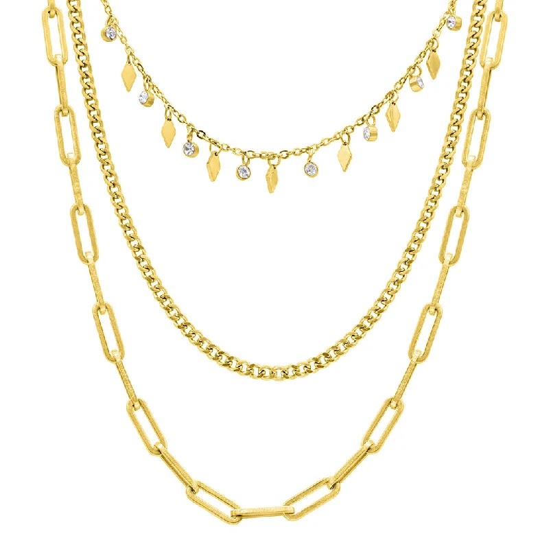 Women’s long necklaces-14k Gold Plated Paperclip, Curb, and Dangle Diamond Chain Necklace Set