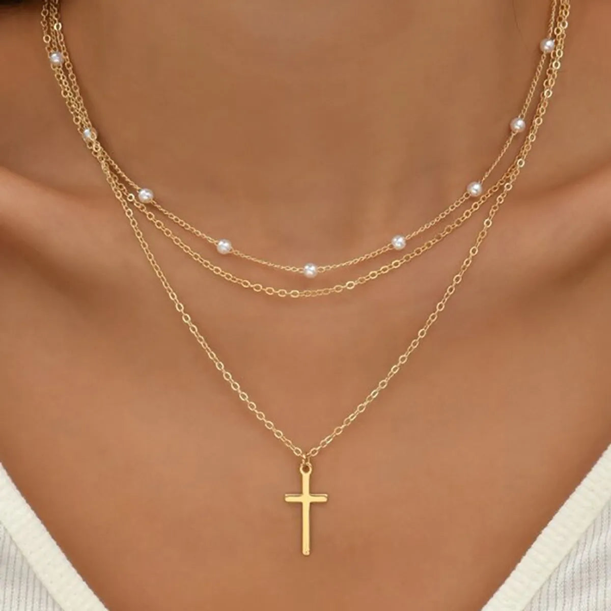 Women’s gemstone choker necklaces-Lady Simple Style Cross White Gold Plated Gold Plated Imitation Pearl Alloy Wholesale Double Layer Necklaces Pendant Necklace