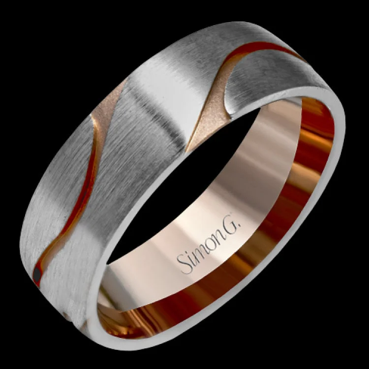 With a brushed white gold design, this contemporary men's wedding band is accented with winding, dramatic rose gold carved inserts.