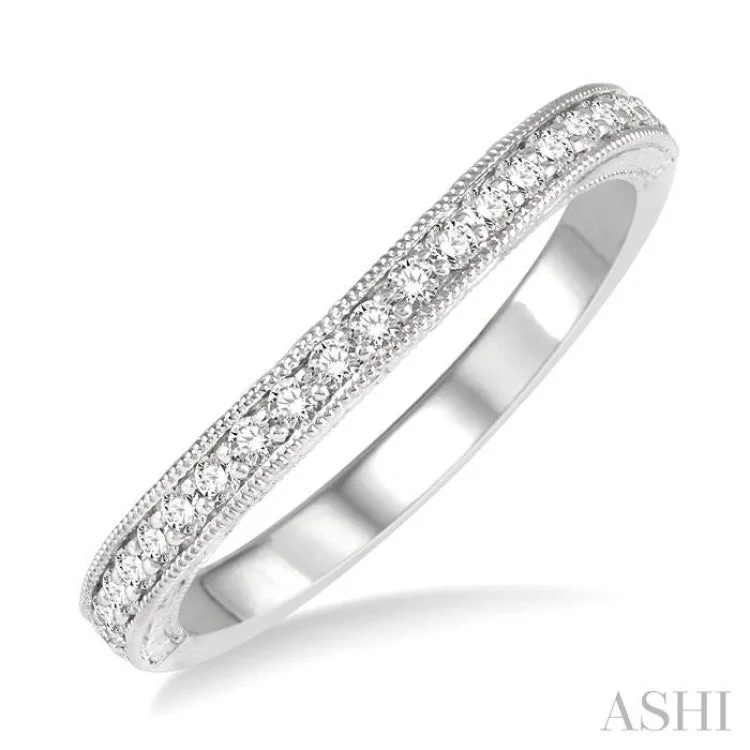 1/4 ctw Carved Sides Milgrain Border Round Cut Diamond Wedding Band in 14K White Gold