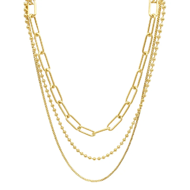 Women’s statement gold necklaces-14k Gold Plated Box Chain, Ball Chain, and Oversized Paper Clip Chain Necklace Set