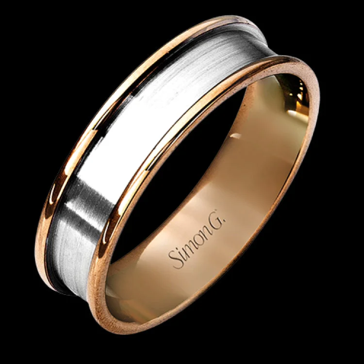 This modern men's wedding band features both rose and white gold in a contemporary design.