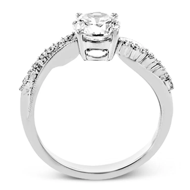 18K white gold diamond engagement ring has soft contoured shoulders with RD white diamonds 0.16 ctw. and fine milgrain edges