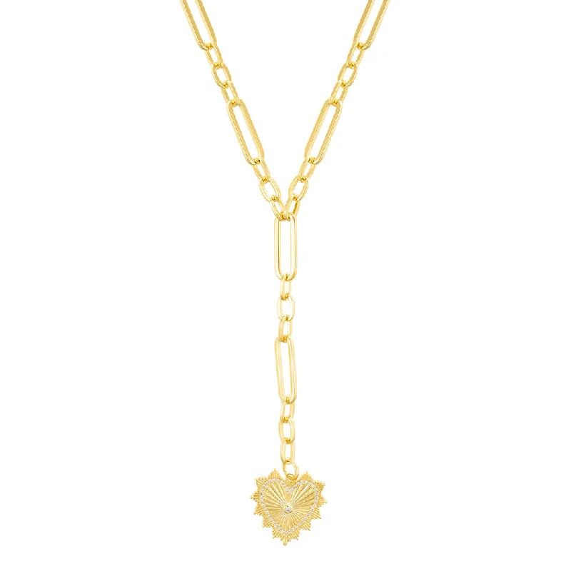 Women’s infinity pendant necklaces-14k Gold Plated CZ Jagged Heart Mixed Link Y-Necklace