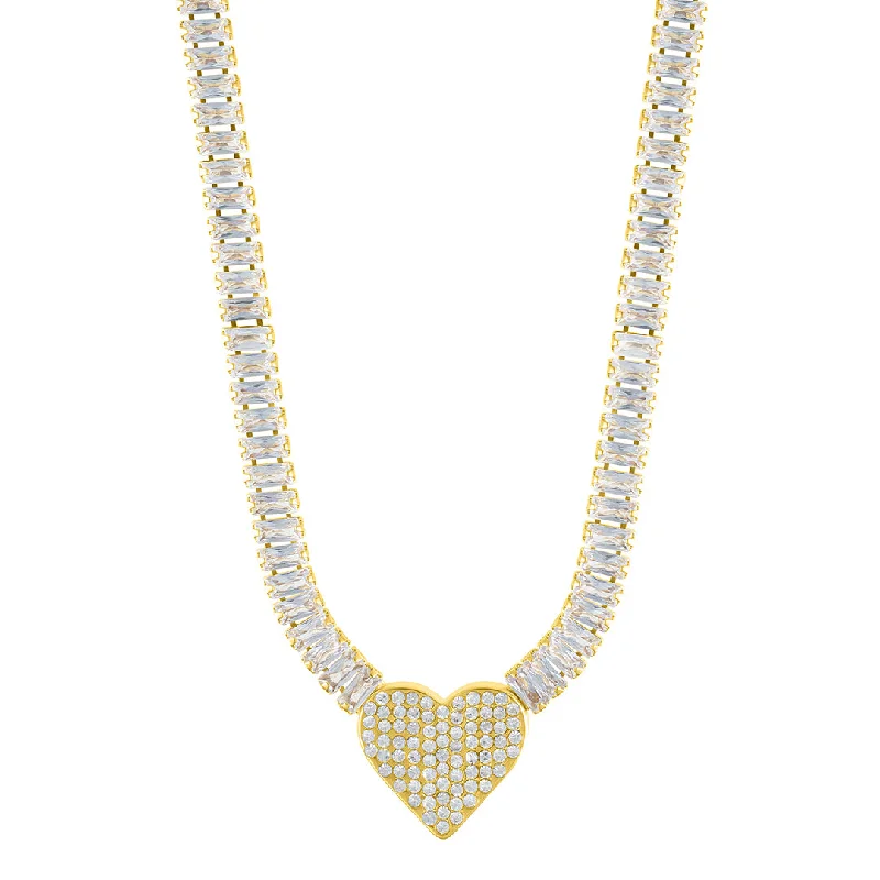 Women’s flower-shaped necklaces-14k Gold Plated Baguette Tennis Necklace with Pave Heart Pendant