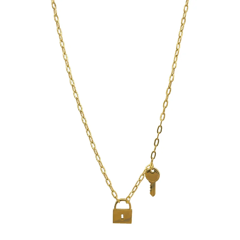 Women’s silver necklaces-Tarnish Resistant 14k Gold Plated Lock and Key Chain