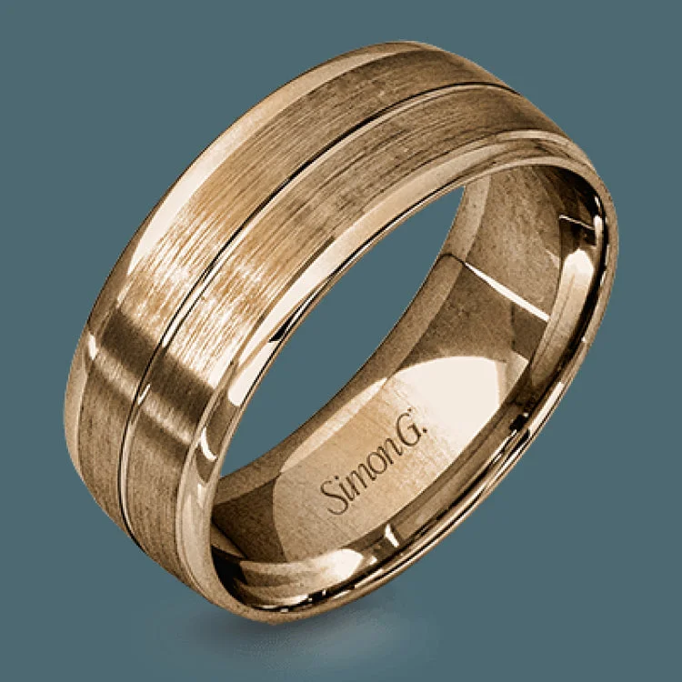 This memorable two-tone men's wedding band features double columns of matte white gold outlined with a sleek outline of yellow gold.