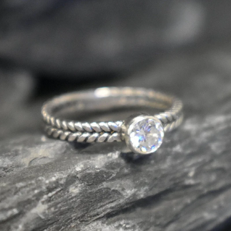 Round Diamond Ring - Sparkly Engagement Ring - Braided Silver Band