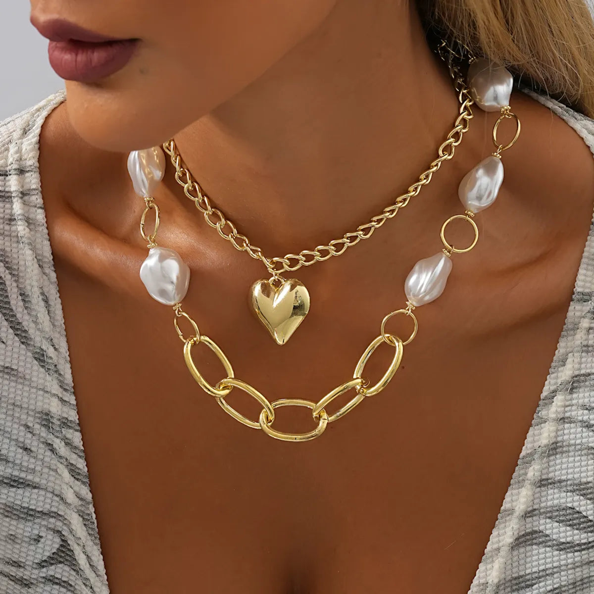 Women’s geometric necklaces-Hip-hop Sweet Heart Shape Imitation Pearl Layered Plating Women's Layered Necklaces