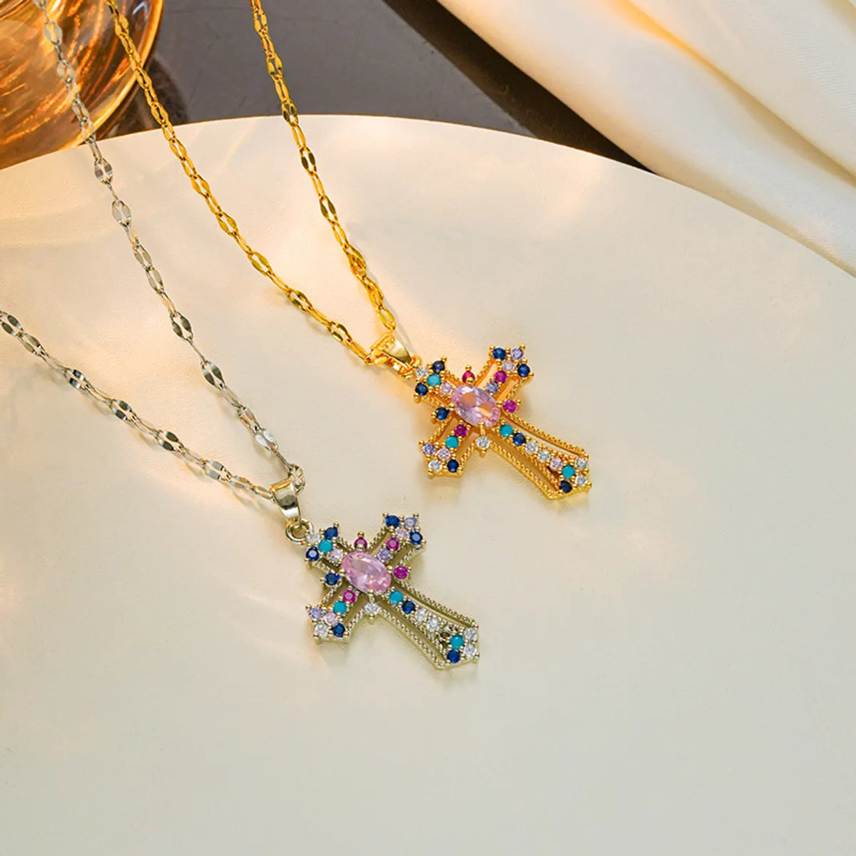 Women’s gemstone necklaces-Streetwear Cross Titanium Steel Inlay Zircon Pendant Necklace